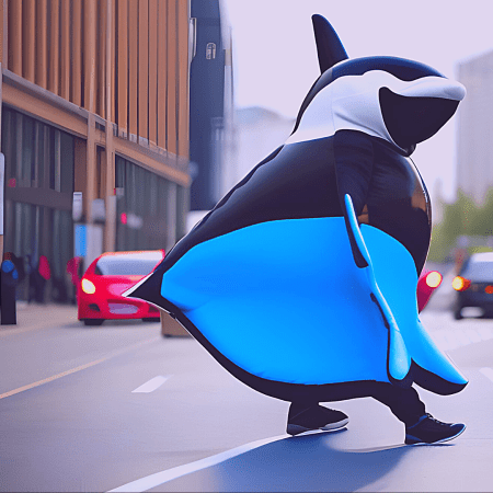 Mujer atraviesa una calle con actitud desafiante, usa un disfraz de orca.