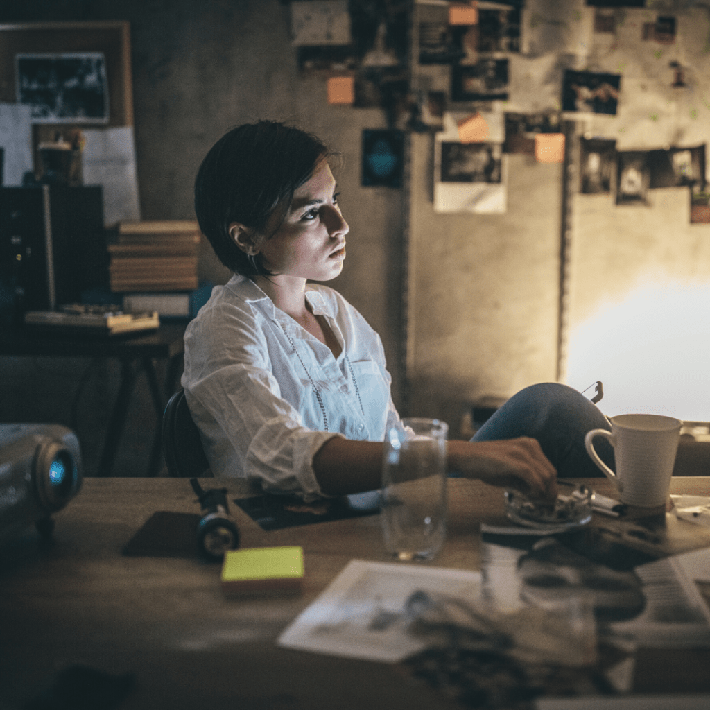 Mujer pensativa mira hacia el frente mientras apaga un cigarrillo. Está en una oficina como de policía.