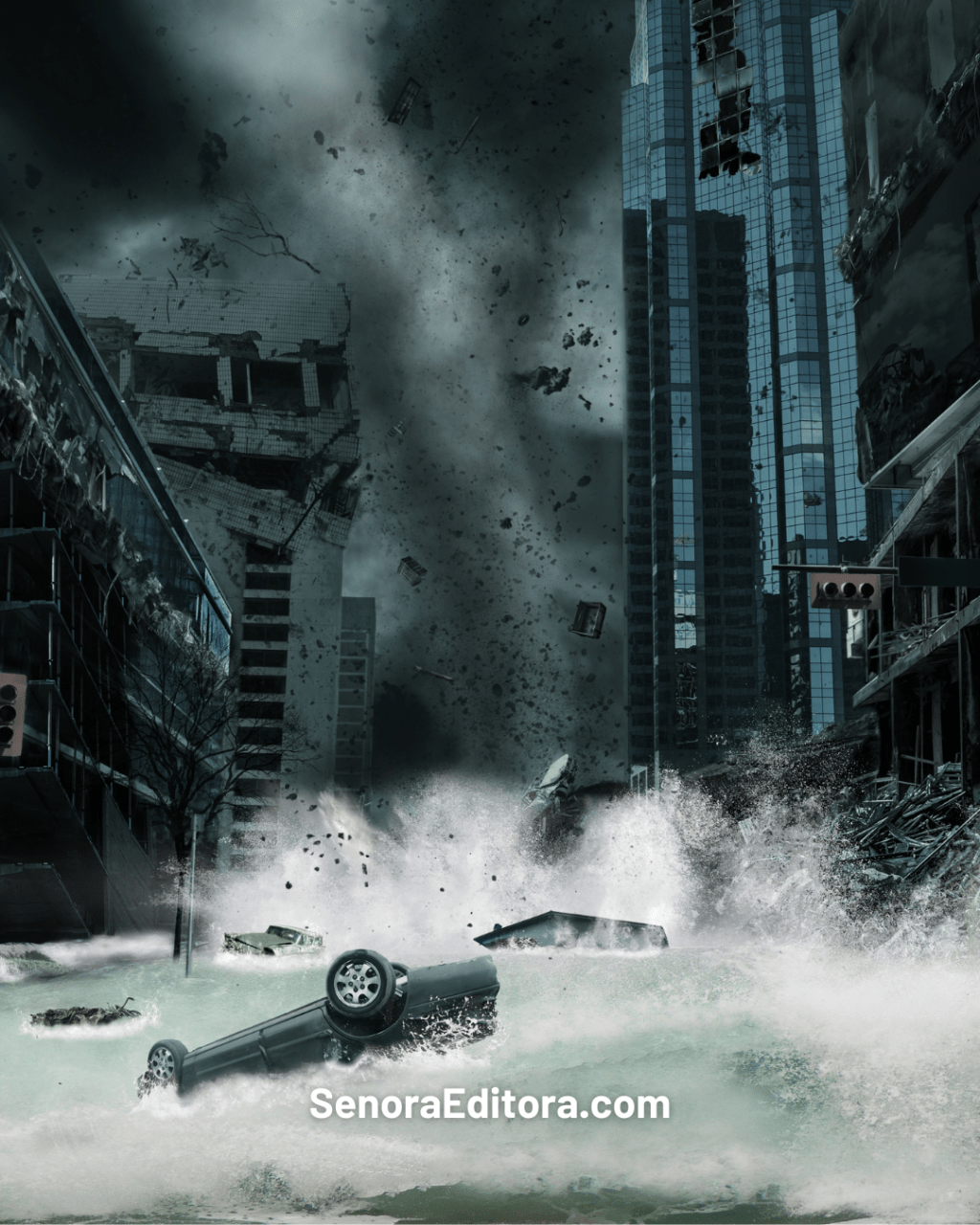 Una imagen apocalíptica en la que se ve una inundación que arrasa con autos entre rascacielos y un cielo nublado, desolador.